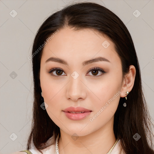 Neutral white young-adult female with long  brown hair and brown eyes