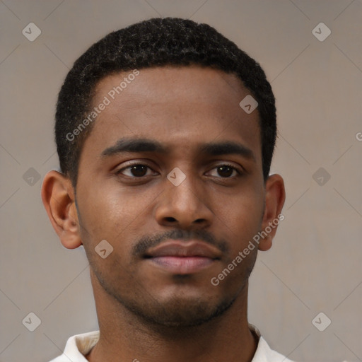 Neutral black young-adult male with short  black hair and brown eyes