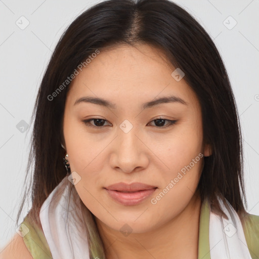 Joyful asian young-adult female with medium  brown hair and brown eyes