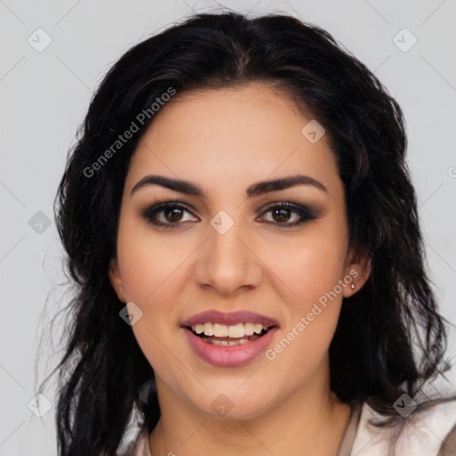 Joyful latino young-adult female with medium  brown hair and brown eyes