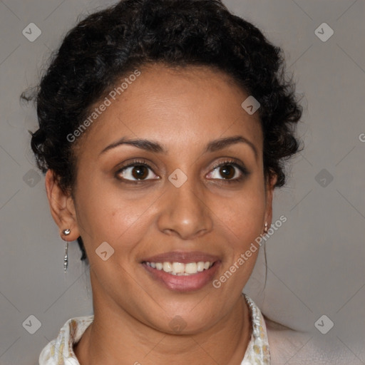 Joyful latino young-adult female with short  brown hair and brown eyes