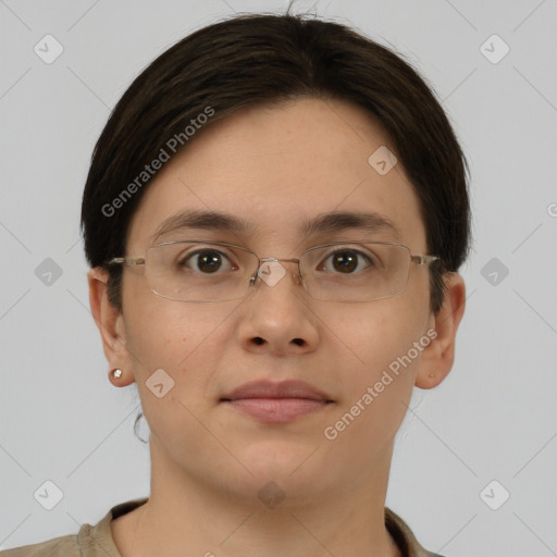 Neutral white young-adult female with short  brown hair and brown eyes