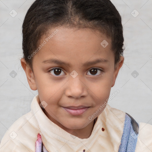 Joyful white child female with short  brown hair and brown eyes