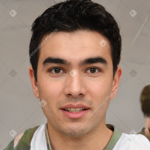 Joyful white young-adult male with short  black hair and brown eyes