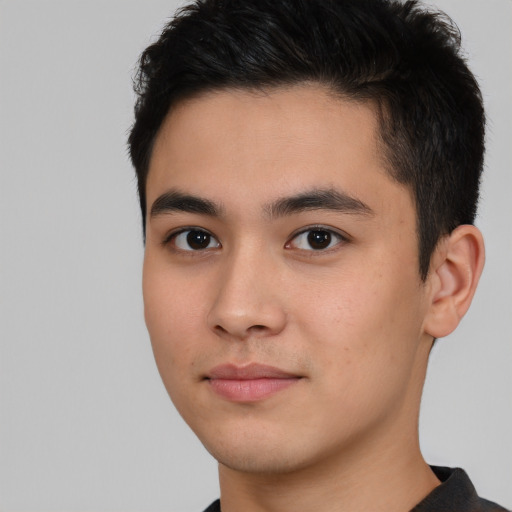 Neutral asian young-adult male with short  brown hair and brown eyes