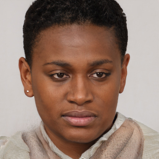 Joyful black young-adult female with short  brown hair and brown eyes