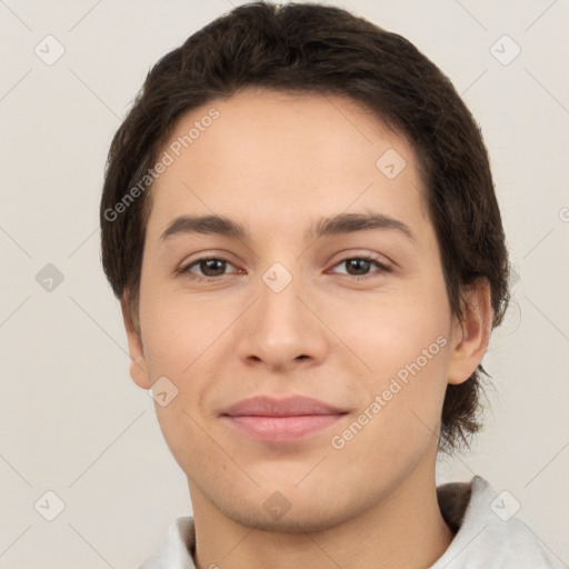 Joyful white young-adult female with short  brown hair and brown eyes