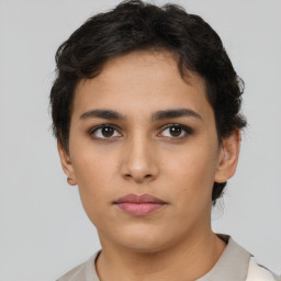 Neutral white young-adult female with short  brown hair and brown eyes