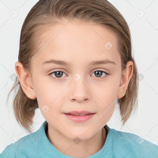 Joyful white child female with medium  brown hair and brown eyes