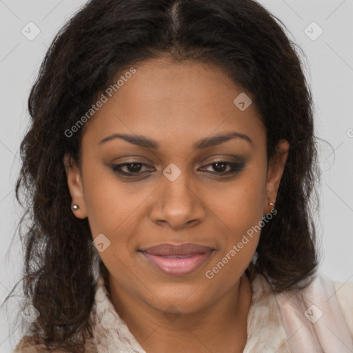 Joyful black young-adult female with medium  brown hair and brown eyes