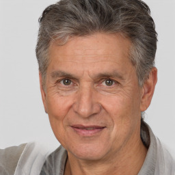 Joyful white middle-aged male with short  brown hair and brown eyes