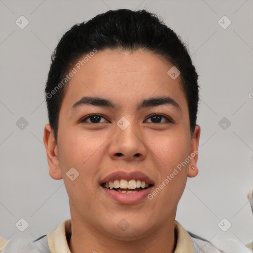 Joyful latino young-adult male with short  brown hair and brown eyes