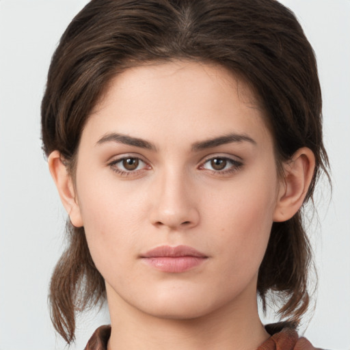 Neutral white young-adult female with medium  brown hair and brown eyes