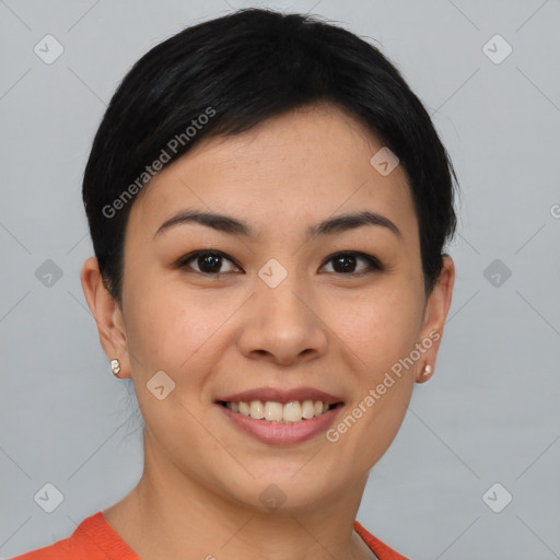 Joyful asian young-adult female with short  brown hair and brown eyes