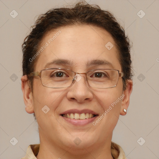 Joyful white adult female with short  brown hair and brown eyes