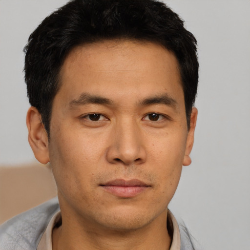 Neutral asian young-adult male with short  brown hair and brown eyes
