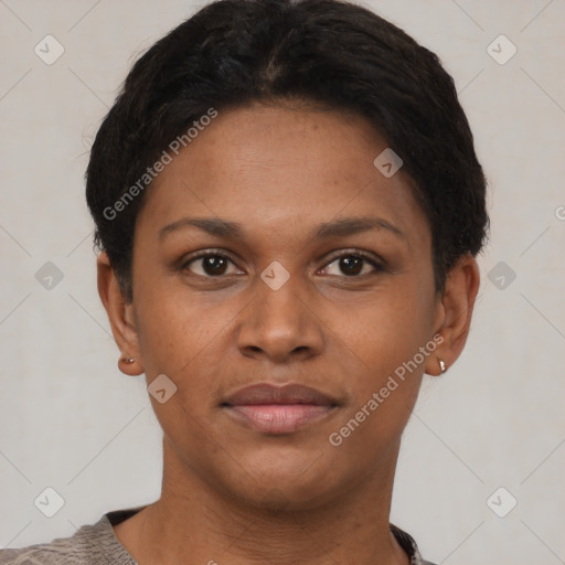 Joyful black young-adult female with short  brown hair and brown eyes