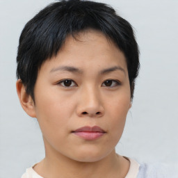 Neutral asian young-adult female with short  black hair and brown eyes