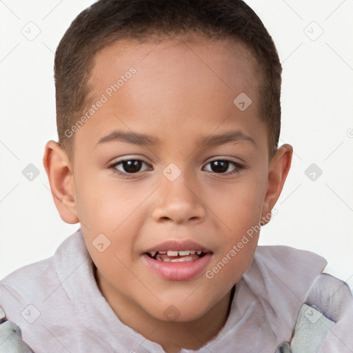 Joyful white child female with short  brown hair and brown eyes