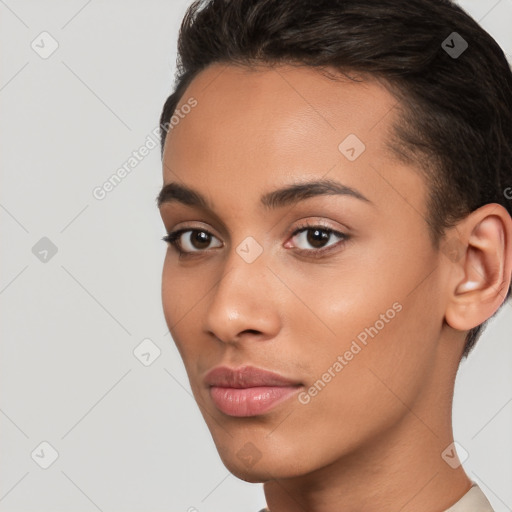 Neutral white young-adult female with short  brown hair and brown eyes