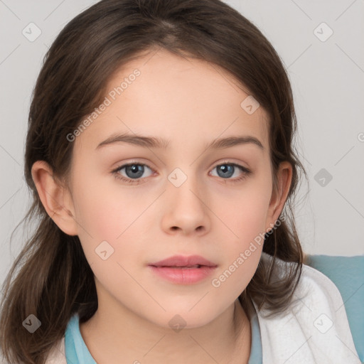 Neutral white young-adult female with medium  brown hair and grey eyes