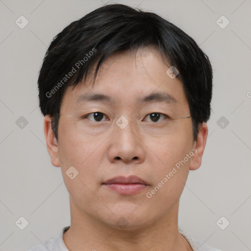 Neutral asian young-adult male with short  black hair and brown eyes