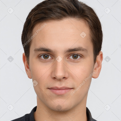 Neutral white young-adult male with short  brown hair and brown eyes