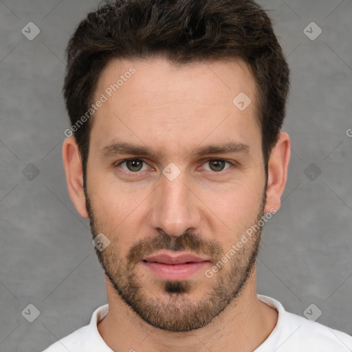 Neutral white young-adult male with short  brown hair and brown eyes