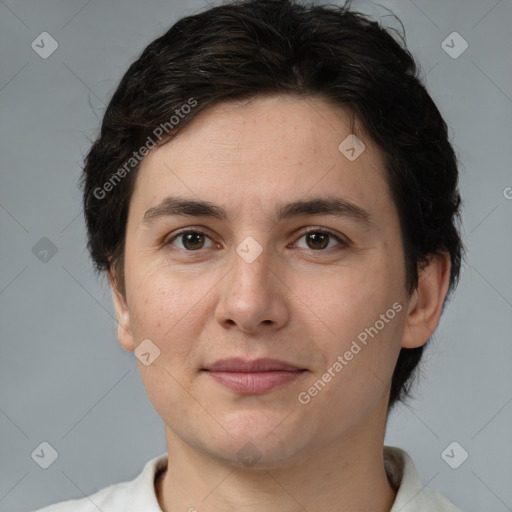 Joyful white young-adult female with short  brown hair and brown eyes