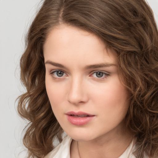 Neutral white young-adult female with medium  brown hair and brown eyes