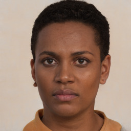 Neutral black young-adult female with short  brown hair and brown eyes