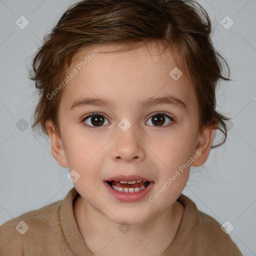 Joyful white child female with medium  brown hair and brown eyes