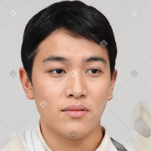 Neutral asian young-adult male with short  black hair and brown eyes
