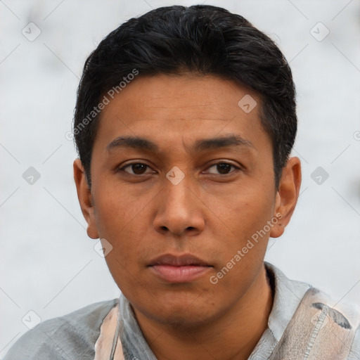 Neutral asian young-adult male with short  black hair and brown eyes