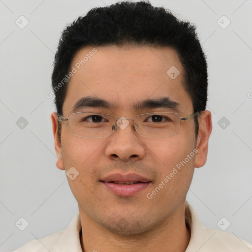 Joyful latino young-adult male with short  brown hair and brown eyes