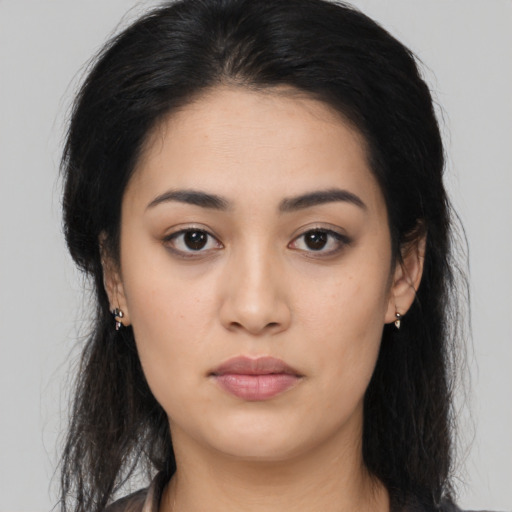 Neutral asian young-adult female with long  brown hair and brown eyes