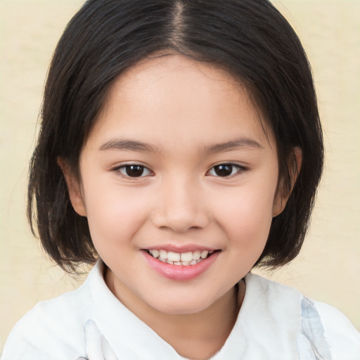 Joyful white child female with medium  brown hair and brown eyes