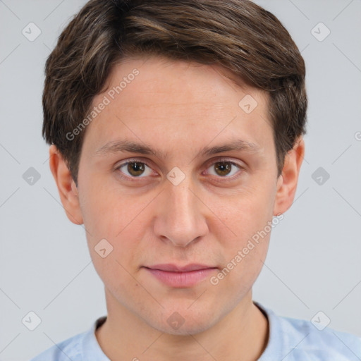 Joyful white young-adult male with short  brown hair and brown eyes