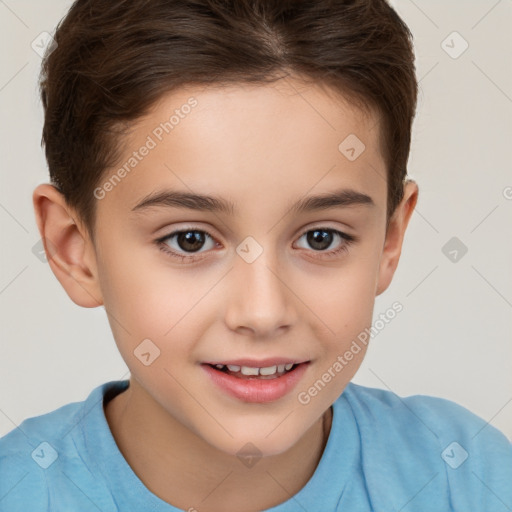 Joyful white child female with short  brown hair and brown eyes