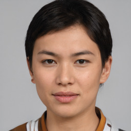 Neutral asian young-adult female with short  brown hair and brown eyes