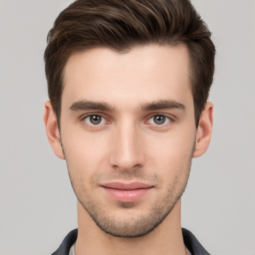 Neutral white young-adult male with short  brown hair and brown eyes