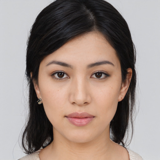 Neutral asian young-adult female with medium  black hair and brown eyes