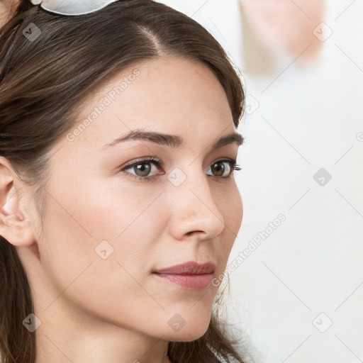 Neutral white young-adult female with long  brown hair and brown eyes