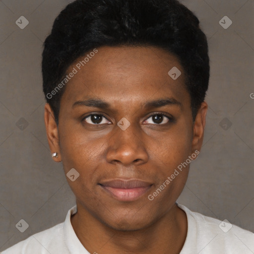 Joyful black young-adult male with short  black hair and brown eyes