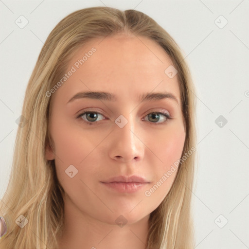 Neutral white young-adult female with long  brown hair and brown eyes