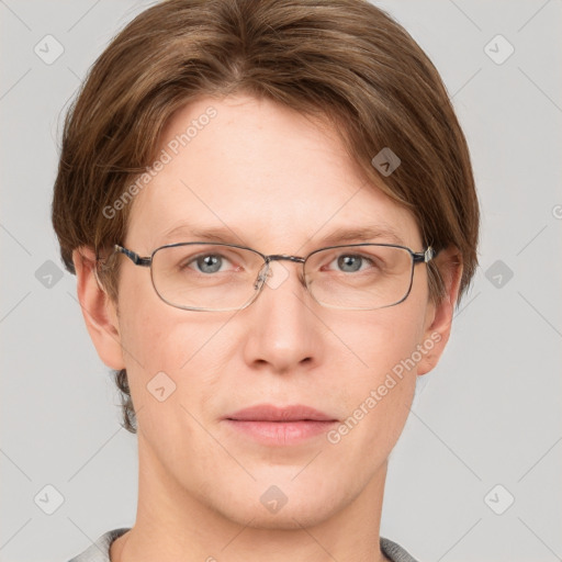 Joyful white adult male with short  brown hair and grey eyes