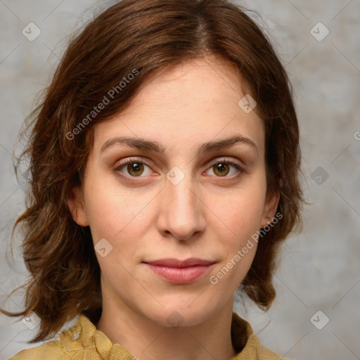 Joyful white young-adult female with medium  brown hair and green eyes