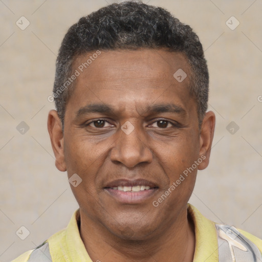 Joyful black adult male with short  brown hair and brown eyes