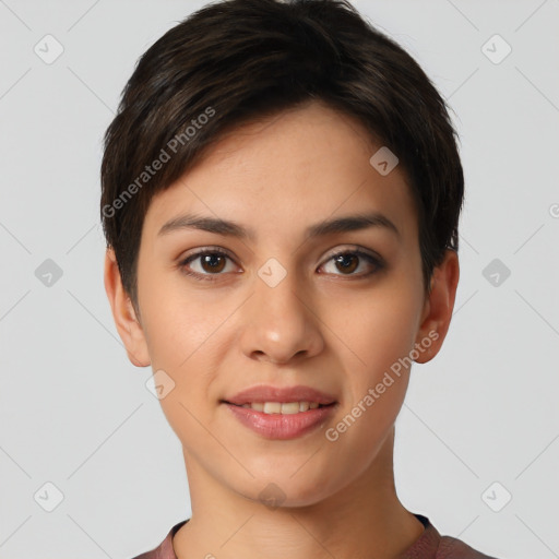 Joyful white young-adult female with short  brown hair and brown eyes