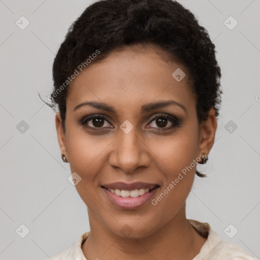 Joyful latino young-adult female with short  brown hair and brown eyes